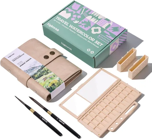 Juego de cuaderno de bocetos de acuarela de viaje, 6.7 x 3.9 pulgadas, 100% algodón, prensa en frío, 20 hojas, diario de arte con paleta de pintura