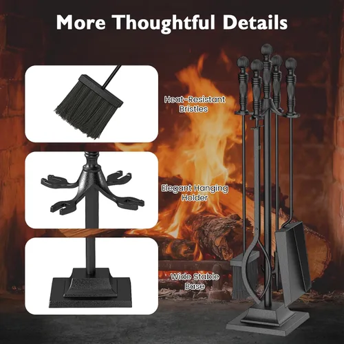 Miniatura 8 de IRONMAX Juego de herramientas para chimenea de 5 piezas, herramientas de hierro de 26 pulgadas con soporte, póquer, pinzas, cepillo y pala
