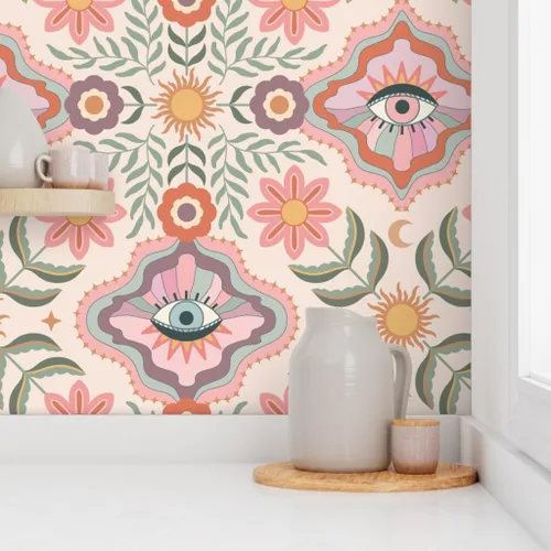 Miniatura 8 de Despegar y pegar muestra de papel tapiz – Boho Floral Retro Eyes Adolescente Femenino Adolescente Femenino Flores Bohemio Femenino Niños Sol