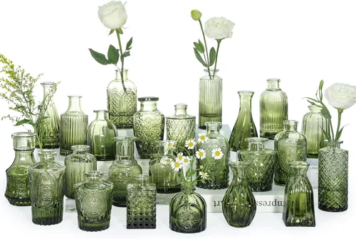 Miniatura 13 de SUPMIND Juego de 12 jarrones de cristal, pequeños jarrones de flores verdes para centros de mesa a granel, mini jarrón vintage para boda, hogar