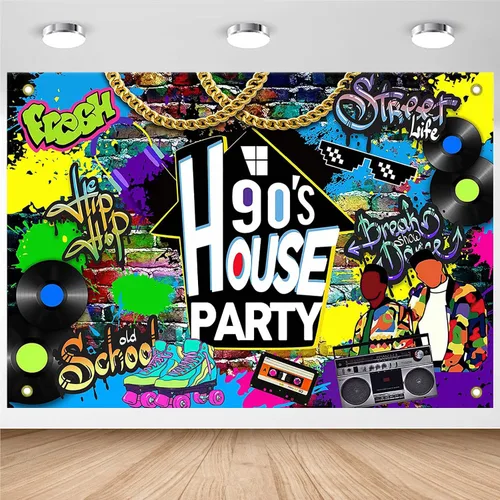 Miniatura 9 de Avezano Telón de Fondo para Fiesta de los 90 en Casa con Graffiti de Hip Hop, Decoraciones Temáticas de los 90 para Fiesta en Casa, Radio Retro