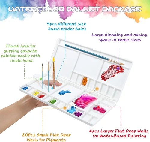Miniatura 2 de Junreox Paleta de acuarela, paleta de acuarela grande con 24 pozos y 5 áreas de mezcla, paleta de pintura premium con tapa, bandeja de pintura