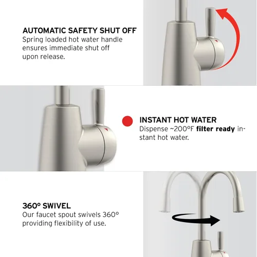 Miniatura 4 de InSinkErator HOT250 - Sistema dispensador instantáneo de agua caliente, grifo de una sola manija en níquel satinado con tanque de acero inoxidable