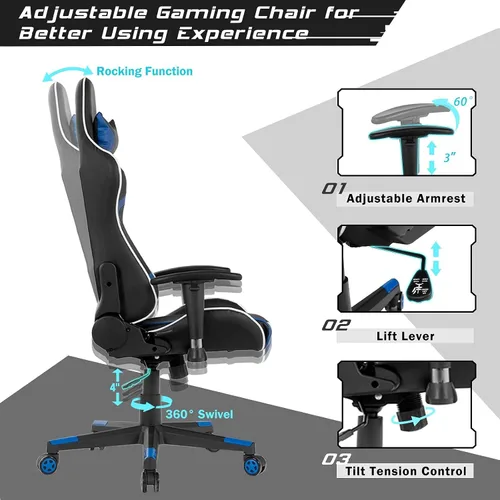 Miniatura 6 de DORTALA Silla ergonómica para videojuegos, silla de carreras de respaldo alto con soporte lumbar de masaje, bolsillo para banco de energía Azul