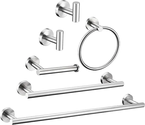 Juego de 6 accesorios de baño de níquel cepillado, anillo de toalla de mano de 16 y 23.6 pulgadas, toallero redondo plateado, ganchos para toallas,