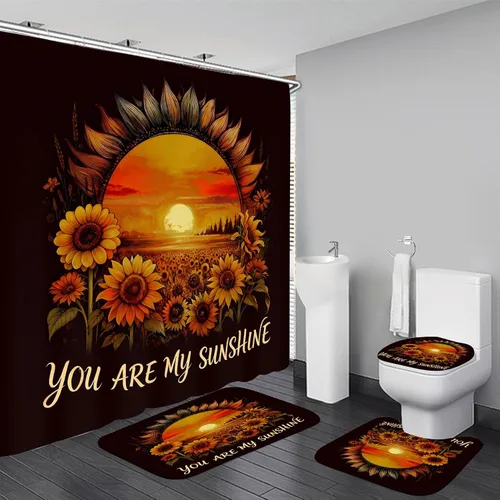 Miniatura 10 de AZHM Juego de 4 cortinas de ducha de girasol con alfombras You are My Sunshine, juego de cortinas de baño con 12 ganchos