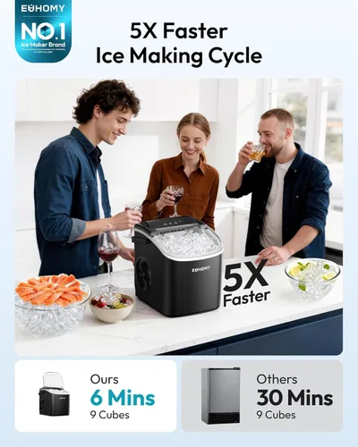 Miniatura 2 de EUHOMY Máquina de hielo para encimera con asa, 26 libras en 24 horas, 9 cubitos de hielo listos en 6 minutos, máquina de hielo portátil de limpieza