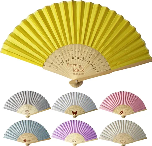 Miniatura 11 de Abanicos de mano personalizados a granel ventiladores de seda personalizados con grabado en el mango, regalos de fiesta, abanicos plegables vienen