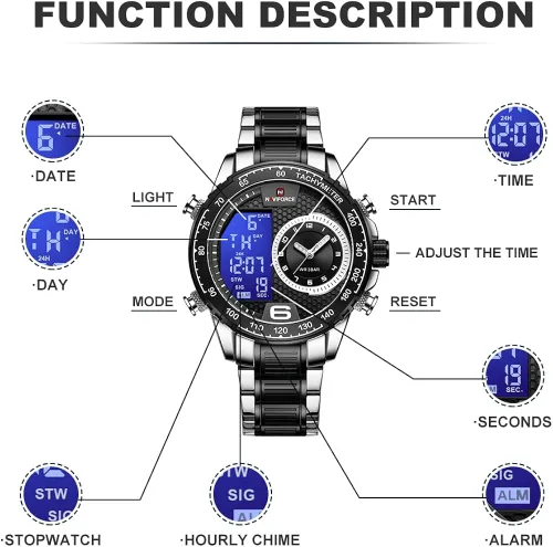 Miniatura 4 de NAVIFORCE Reloj para hombre reloj de cuarzo digital de doble pantalla multifuncional de acero inoxidable