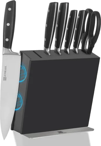 Miniatura 8 de X50CrMoV15 - Juego de cuchillos de cocina con bloque, juego de cuchillos de acero alemán de alto carbono X50CrMoV15 con 6 cuchillos dentados