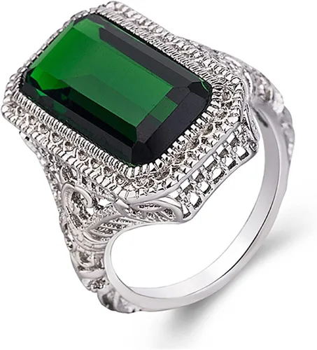 Miniatura 11 de ChenFeng Anillo de plata 925 hecho a mano con corte baguette con piedra esmeralda verde simulada para hombre y mujer (9)