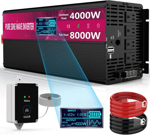 Miniatura 9 de Inversor de corriente de onda sinusoidal pura, 3000 W, 12 V CC a 110 V/120 V CA, pico de 6000 W, control remoto, 4 salidas de CA, USB dual, pantalla