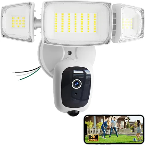 Olafus Cámara de seguridad con reflector exterior – Cámara de seguridad 2K QHD con luces de inundación activadas por movimiento, zonas de detección