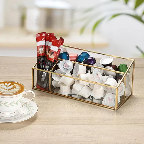 Miniatura 6 de Hipiwe Organizador de maquillaje para encimera, vitrina de cosméticos de vidrio dorado, soporte de almacenamiento de tocador de 3 ranuras