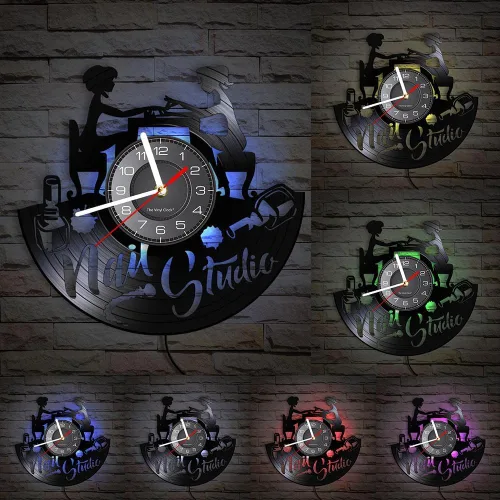 Miniatura 2 de Reloj de pared de disco de vinilo LED de 12 pulgadas con 7 modos luminosos para estudio de uñas, decoración de pared con tecnología de uñas