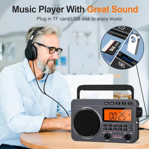 Miniatura 6 de Radio portátil con la mejor recepción, radio digital recargable de 4000 mAh AM FM portátil con tarjeta SD/reproducción USB, sintonizador digital
