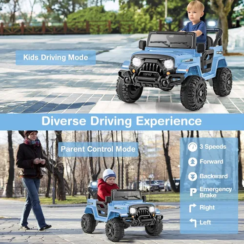 Miniatura 2 de Costzon Camión para niños de 12 V, vehículo eléctrico con control remoto, ruedas roscadas, 3 velocidades, luces LED, música, bocina y conexión Azul