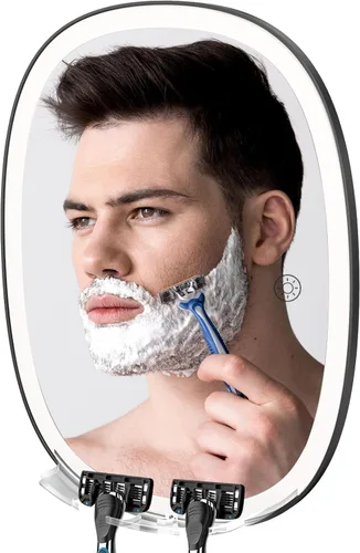 COSMIRROR Espejo de ducha sin niebla para afeitar, con soportes para maquinilla, sin taladrar, luces regulables de 3 colores, espejo de ducha