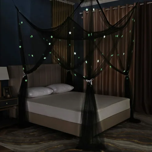OctoRose Toldo de cama con 4 pósteres que brilla en la oscuridad, toldo colgante negro con estrellas, matrimonial, Queen, King, mosquitera de 4