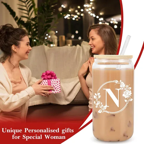 Miniatura 6 de Frerdui Regalos de cumpleaños para mujeres, taza de vidrio inicial con monograma, regalos personalizados para mujeres, tazas de vidrio de 16 onzas
