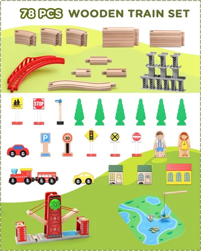 Miniatura 7 de SainSmart Jr. Juego de tren de madera para niños pequeños, pista de tren de madera de doble cara con 4 trenes compatible con Brio, Thomas, Melissa