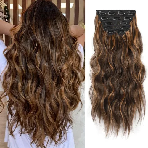 Miniatura 40 de Extensiones de cabello con clip de Vigorous de 20 pulgadas, con reflejos rubio playa, extensiones de cabello ondulado largo y suave de cabello