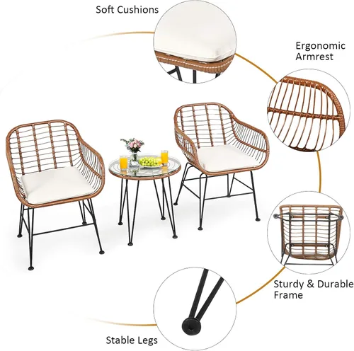 Miniatura 28 de Tangkula - Juego de 3 piezas para conversación en el patio, juego de muebles de mimbre al aire libre con mesa redonda de vidrio templado y 2