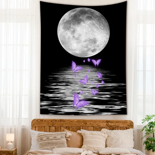 Miniatura 26 de LB Tapiz pequeño de luna llena sobre océano, tapiz de pared de cielo nocturno estrellado, fantasía 3D, arte de pared de luna grande en blanco