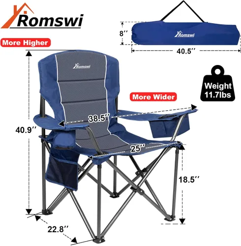 Miniatura 2 de Romswi Sillas de campamento de gran tamaño, soporte resistente de 500 libras, sillas deportivas acolchadas con respaldo y brazo, bolsa enfriadora