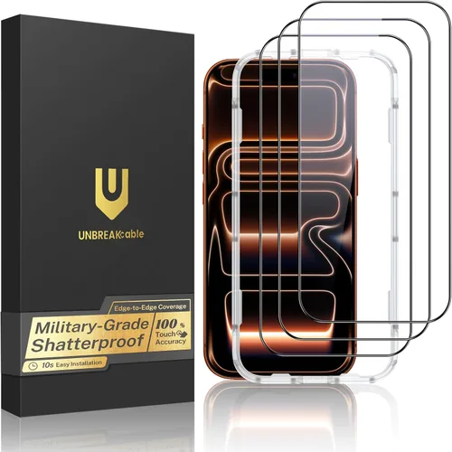 UNBREAKcable Protector de pantalla para iPhone 17 Pro Max, 3 unidades de vidrio templado de cobertura completa [grado militar inastillable] [dureza