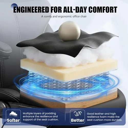 Miniatura 7 de Primy Silla de oficina, silla de escritorio ergonómica de cuero con reposabrazos abatibles, respaldo alto grande y alto, silla ejecutiva para Negro