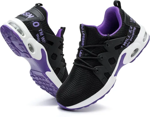 LANSNBO Zapatos de punta de acero para mujer, zapatos de trabajo de seguridad indestructibles, con amortiguación de aire, ligeros, transpirables,