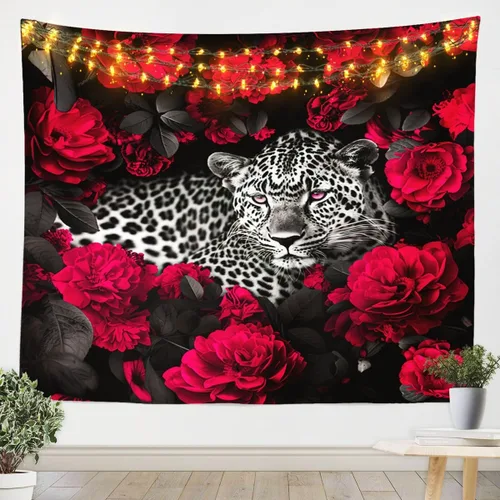 Miniatura 25 de Erosebridal Tapiz de guepardo para colgar en la pared, tapiz de rosa roja, decoración del hogar, tapiz de leopardo y gato, diseño de pared