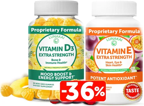 Lunakai Paquete de gomitas de vitamina D3 y vitamina E - Gomitas de apoyo para la inmunidad, los huesos y el estado de ánimo, 250 mg 1000 iu