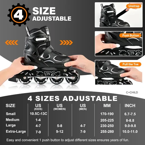 Miniatura 5 de 2PM SPORTS Patines en línea para niños y niñas, niños de 5 a 8 a 12 años, 4 a 6, 6 a 12 años, con ruedas iluminadas, cuchillas ajustables para Negro