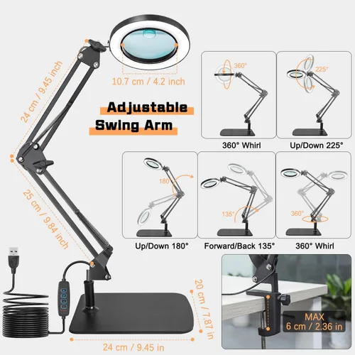 Miniatura 2 de Lupa con abrazadera de luz y base, lámpara de aumento de 15 x 10 X para escritorio, 72 lupas de lente de vidrio LED, 3 modos de color regulable