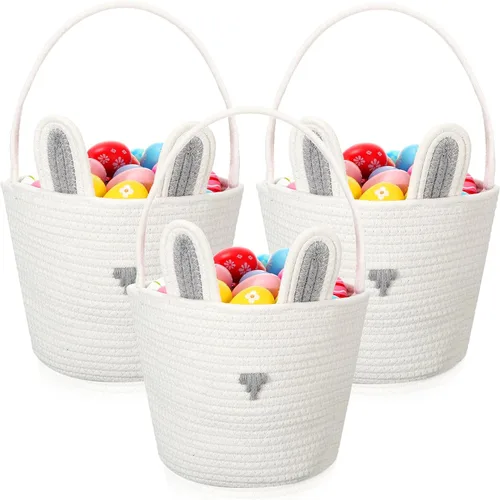Beeveer Paquete de 3 cestas de regalo de conejo de Pascua, cuerda de algodón, canastas de huevos de vacaciones con asa, contenedores vacíos para