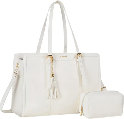 Miniatura 32 de LOVEVOOK Bolsa para laptop para mujer, bolsa de lona ligera de 15.6 pulgadas, bolsa grande para computadora, con bolso de mano, para negocios, Beige