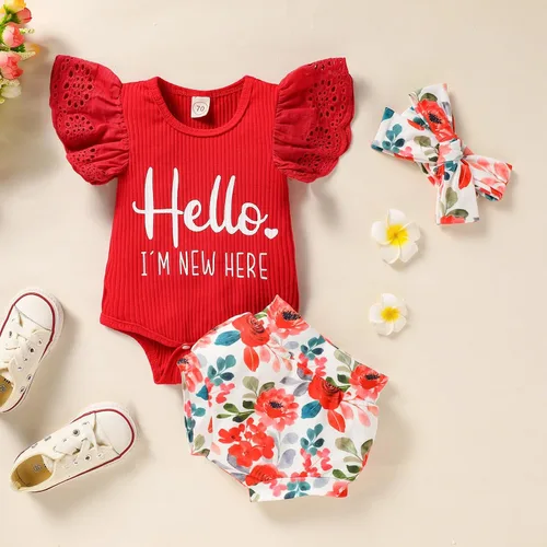 Miniatura 4 de ZOELNIC Ropa de bebé niña, mameluco de encaje con volantes de verano para recién nacido + pantalones cortos florales, 3 piezas, sesión de fotos