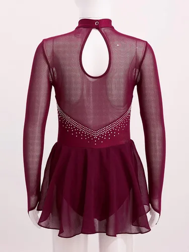 Miniatura 4 de Vestido de patinaje sobre hielo artístico para niñas y niñas, manga larga, con diamantes de imitación brillantes, malla empalme, leotardo