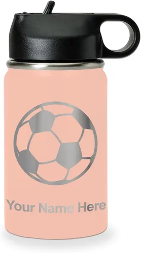 Miniatura 47 de LaserGram Botella de agua personalizada, pelota de fútbol, acero inoxidable de doble pared aislada al vacío con popote superior, regalo grabado