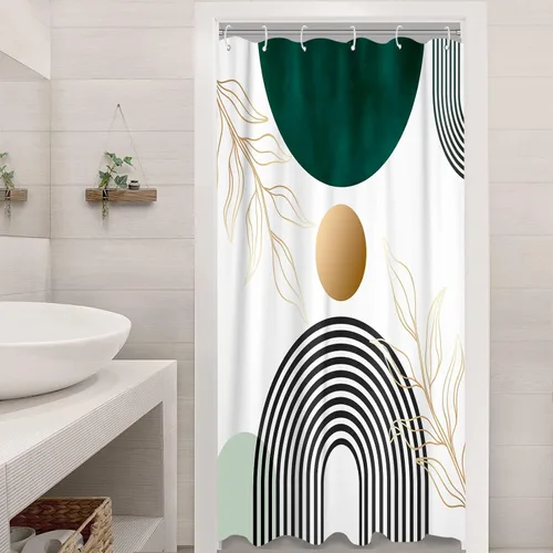 Miniatura 5 de Aipon Cortina de ducha verde de mediados de siglo para baño, cortina de ducha abstracta de estilo bohemio, de tela moderna, impermeable, para baño