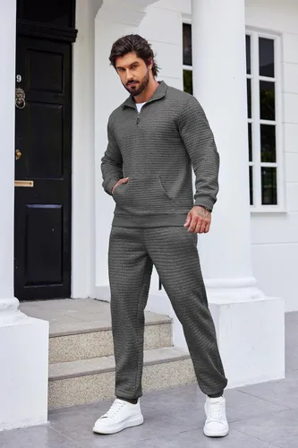 Miniatura 2 de COOFANDY Conjunto deportivo de 2 piezas para hombre, ajuste relajado, con media cremallera, para correr