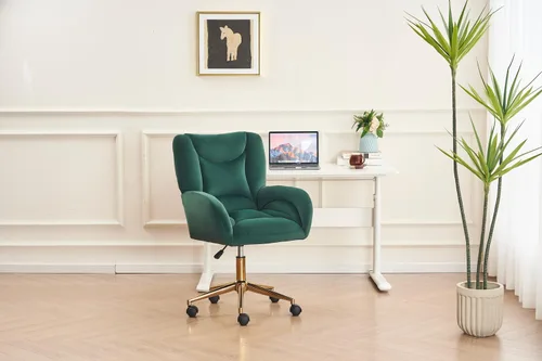 Miniatura 8 de Velvet Swivel Desk Chair with Gold Base - 360° Rotating Office Chair with Ergonomic Tufted Backrest, Thick Sponge Cushion & Universal Wheels for