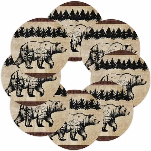 Miniatura 10 de Juego de 2 manteles individuales redondos vintage con diseño de oso negro y pino, manteles individuales lavables de tejido retro rústico