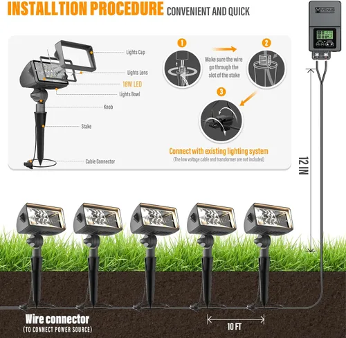 Miniatura 7 de VENUS MANUFACTURING Paquete de 2 luces LED de lavado de pared de bajo voltaje, 12 V, iluminación de paisaje, 18 W, 600 lúmenes, luz de bandera
