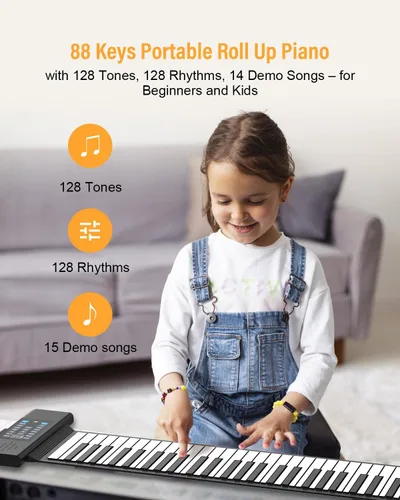 Miniatura 2 de KONIX Piano enrollable de 88 teclas, teclado portátil recargable mejorado, 128 ritmos, 128 tonos, teclado desplegable con pantalla LED, función