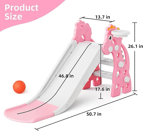 Miniatura 4 de GLAF Tobogán Interior para Niños Pequeños de 1-3 Años, Tobogán para Bebés, Juego Exterior con Aro de Baloncesto y Pelota, Toboganes Plegables de Rosa