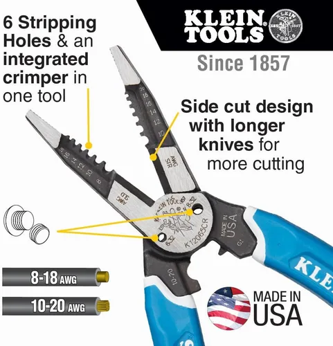 Miniatura 2 de Klein Tools K12065CR - Pelacables, cortador y herramienta engarzadora, fabricado en Estados Unidos, para cortar, pelar, engarzar y torcer