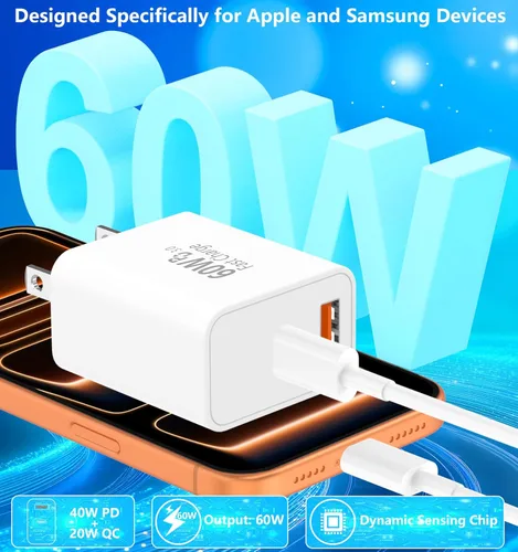 Miniatura 5 de [Certificado MFi de Apple] Cargador para iPhone 17 de carga rápida, Linocell 4 unidades de 60 W, cargador USB C de doble puerto, adaptador de Blanco